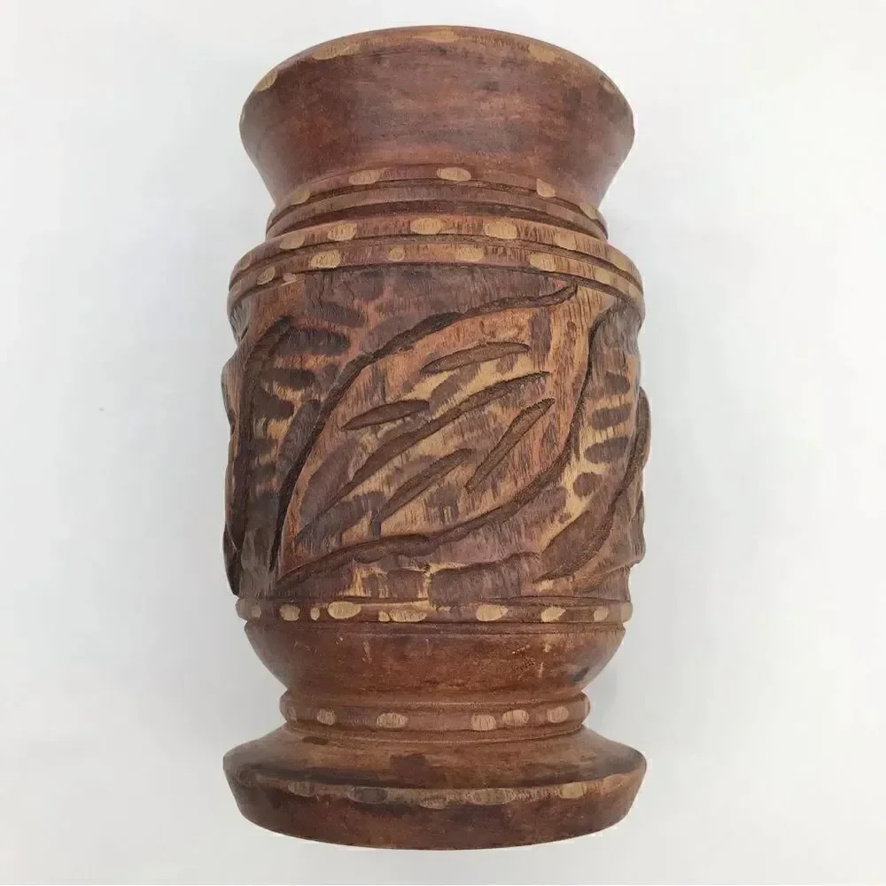 Wood Hand Carved Brown Turned Pedestal  Vase
